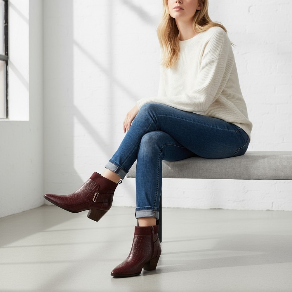 Bella Vita Women Burgundy Croc Embossed Ankle Boots Block Heel Size 6.5W